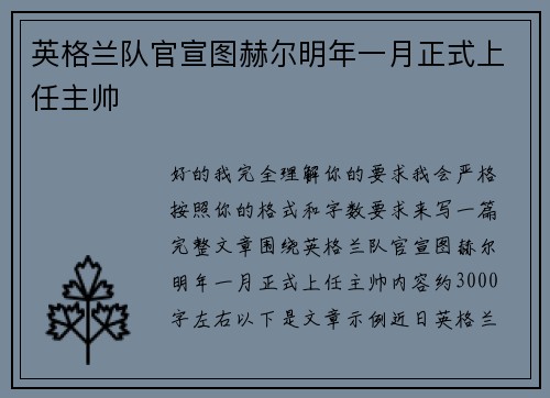 英格兰队官宣图赫尔明年一月正式上任主帅 英格兰队官宣图赫尔明年一月正式上任主帅